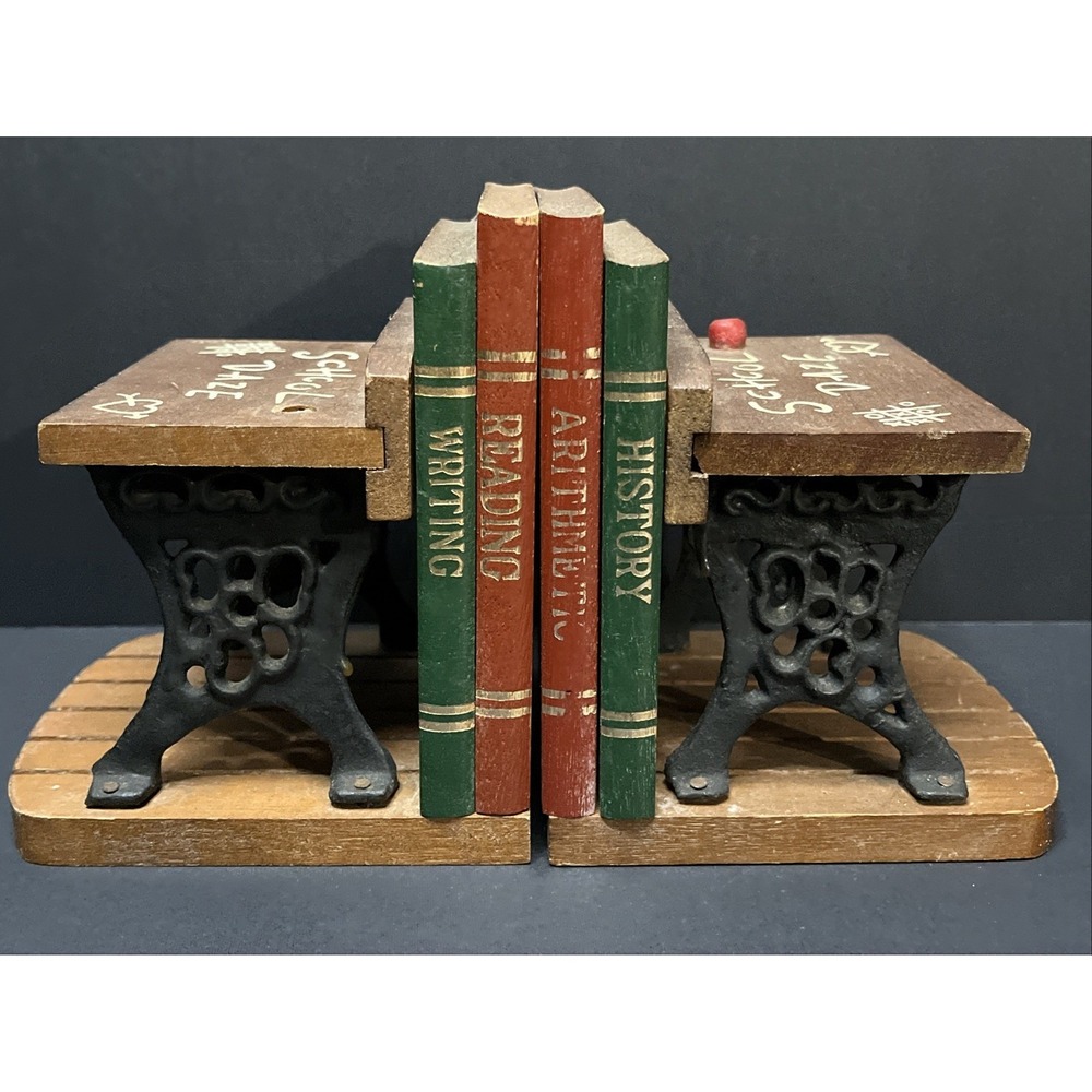 Enesco 1970's Vintage Wooden Cast Iron School Daze Bookends